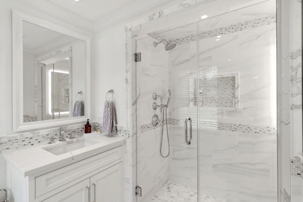 Bathroom, Glass Shower, Interior, Marble Walls, Recessed Lighting