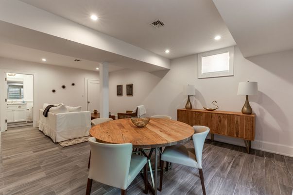 Dining room, Interior, Living room, Recessed Lighting, Wood Texture Flooring