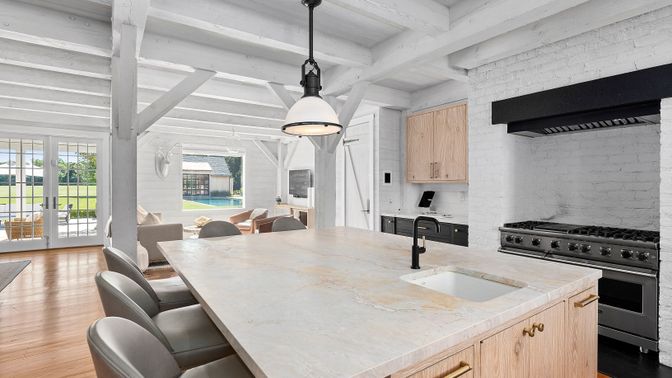 Dining room, Interior, Kitchen, Pendant Lights, Stainless Steel Appliances, Wood Texture Flooring