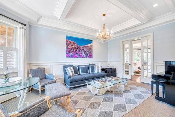 Chandelier, Interior, Living room, Piano, Recessed Lighting, Wood Texture Flooring