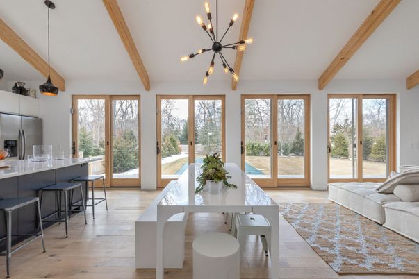 Dining room, Interior, Kitchen, Pendant Lights, Wooden Beams, Wood Texture Flooring