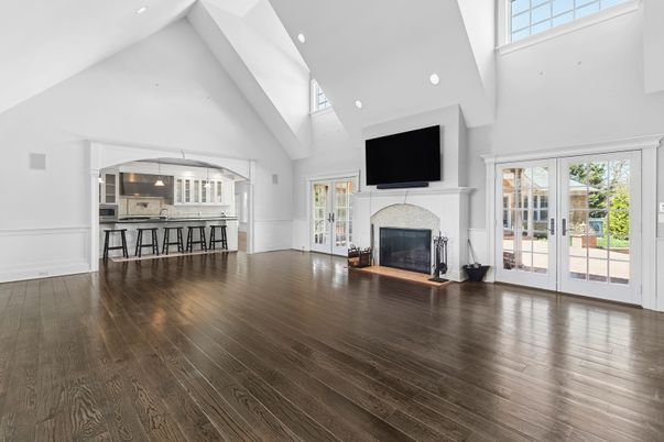 Fireplace, Interior, Kitchen, Recessed Lighting, Wood Texture Flooring