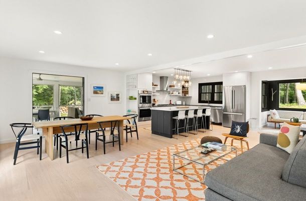 Dining room, Interior, Kitchen, Pendant Lights, Recessed Lighting, Stainless Steel Appliances, Wood Texture Flooring