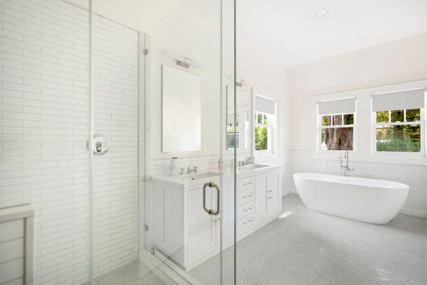 Bathroom, Free Standing Baths, Glass Shower, Interior, Recessed Lighting