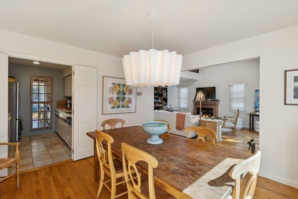 Dining room, Fireplace, Interior, Living room, Pendant Lights, Wood Texture Flooring