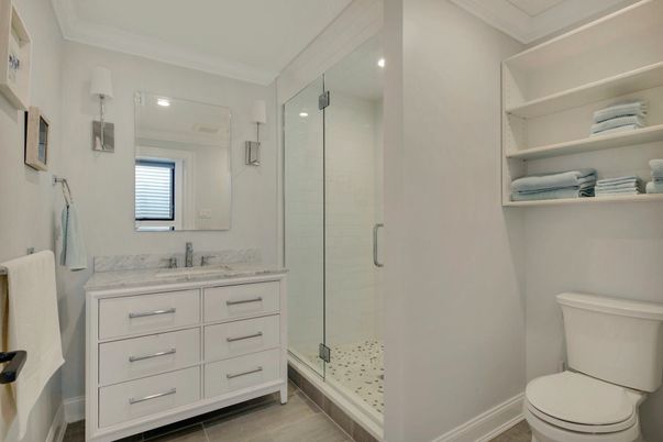 Bathroom, Glass Shower, Interior, Recessed Lighting, Wood Texture Flooring