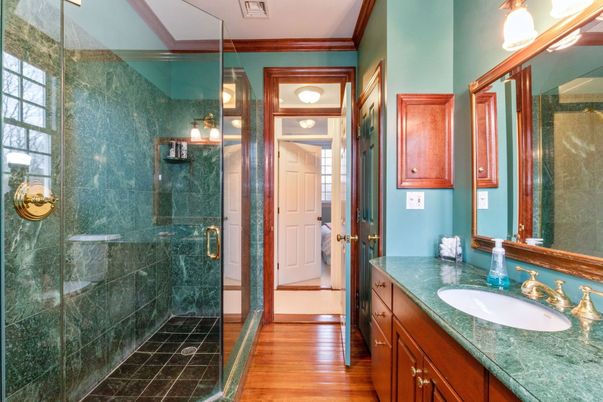 Bathroom, Glass Shower, Interior, Wood Texture Flooring