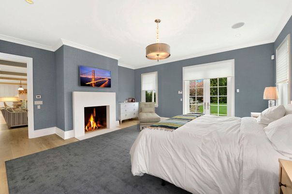 Bedroom, Fireplace, Interior, Recessed Lighting, Wood Texture Flooring
