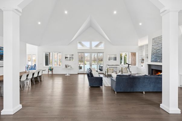 Dining room, Fireplace, Interior, Living room, Recessed Lighting, Wood Texture Flooring