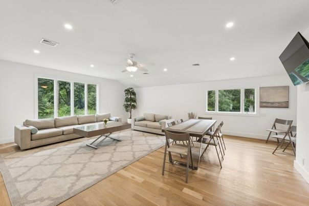 Dining room, Interior, Living room, Recessed Lighting, Wood Texture Flooring