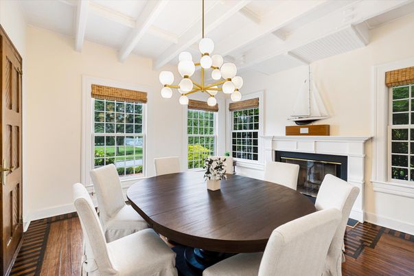 Dining room, Fireplace, Interior, Pendant Lights, Wood Texture Flooring