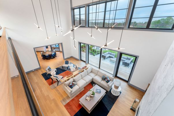 Dining room, Interior, Living room, Pendant Lights, Wood Texture Flooring
