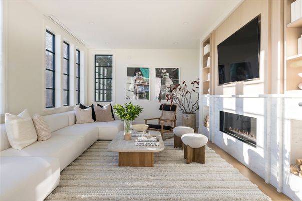 Fireplace, Interior, Living room, Recessed Lighting, Wood Texture Flooring