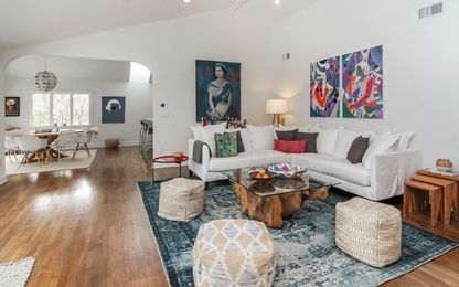Dining room, Interior, Living room, Pendant Lights, Recessed Lighting, Wood Texture Flooring