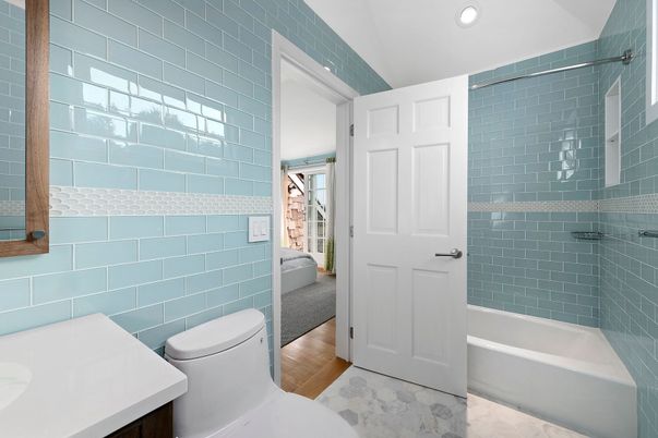 Bathroom, Glass Shower, Interior, Marble, Recessed Lighting, Wood Texture Flooring