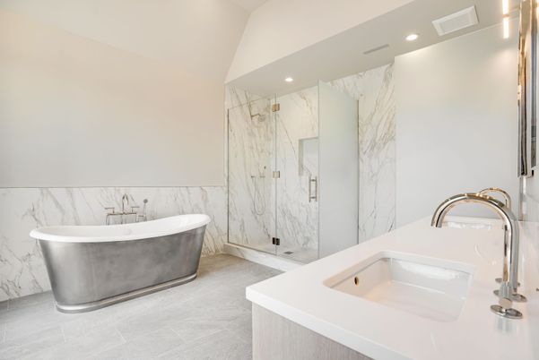 Bathroom, Dual Sink Vanities, Free Standing Baths, Glass Shower, Interior, Marble Walls, Recessed Lighting
