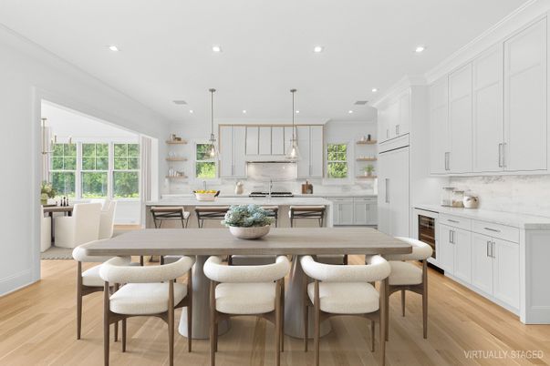 Dining room, Interior, Kitchen, Pendant Lights, Recessed Lighting, Stainless Steel Appliances, Wood Texture Flooring