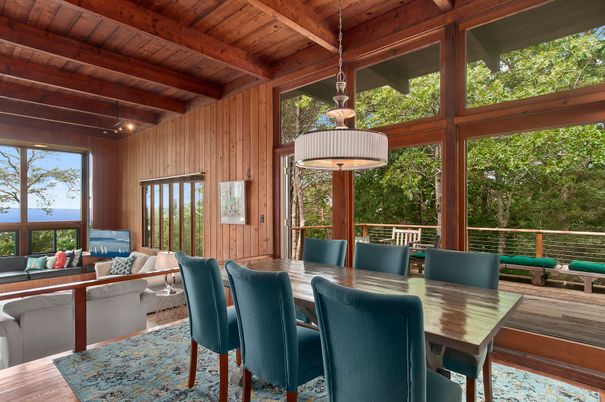 Dining room, Interior, Pendant Lights, Wooden Beams, Wooden Ceilings, Wood Texture Flooring, Wooden Walls