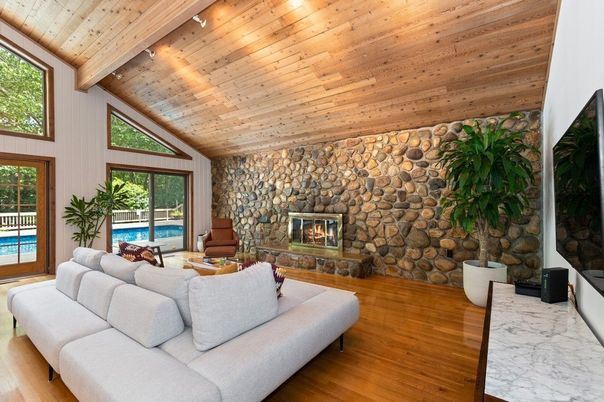Fireplace, Interior, Living room, Stone Walls, Wooden Ceilings, Wood Texture Flooring