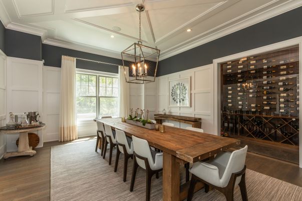 Dining room, Interior, Pendant Lights, Recessed Lighting, Wine Storage, Wood Texture Flooring