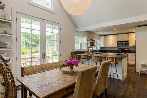 Dining room, Interior, Kitchen, Recessed Lighting, Stainless Steel Appliances, Wood Texture Flooring