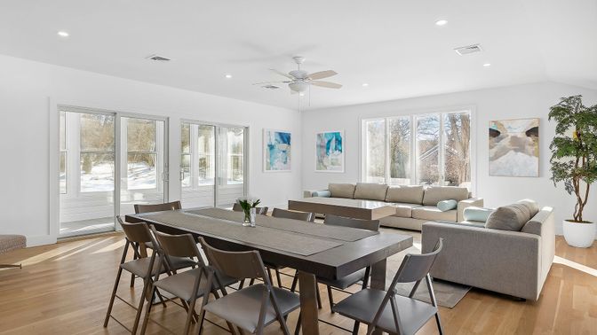 Dining room, Interior, Living room, Recessed Lighting, Wood Texture Flooring