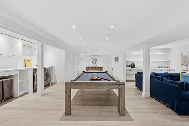 Billiard Table, Game Room, Interior, Recessed Lighting, Wood Texture Flooring