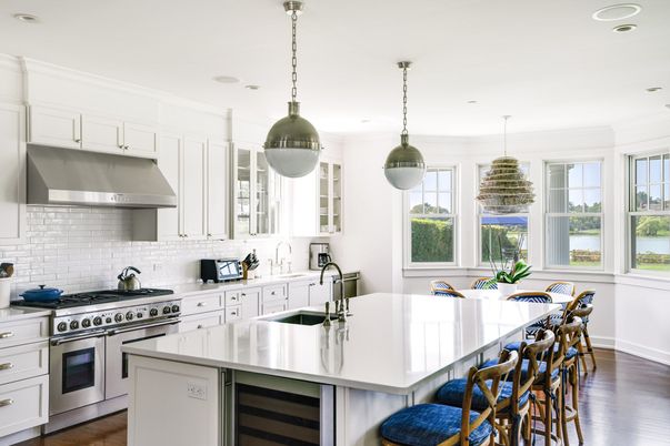 Interior, Kitchen, Pendant Lights, Recessed Lighting, Stainless Steel Appliances, Water, Wood Texture Flooring