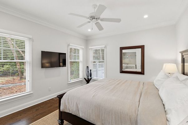 Bedroom, Interior, Recessed Lighting, Wood Texture Flooring