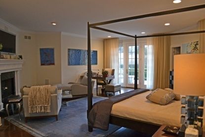 Bedroom, Fireplace, Interior, Recessed Lighting, Wood Texture Flooring