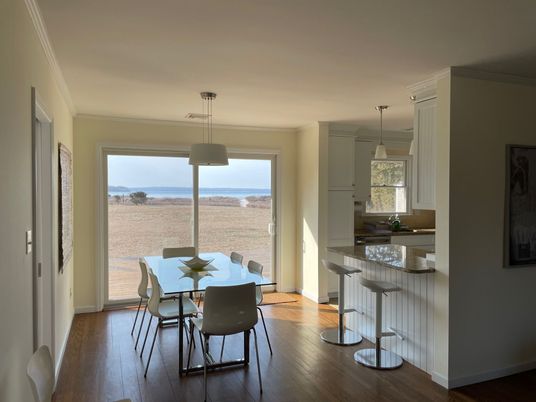 Dining room, Interior, Kitchen, Pendant Lights, Water, Wood Texture Flooring