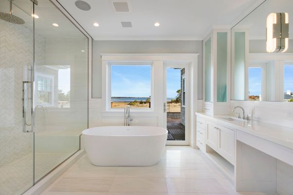 Bathroom, Dual Sink Vanities, Free Standing Baths, Glass Shower, Interior, Recessed Lighting, Water