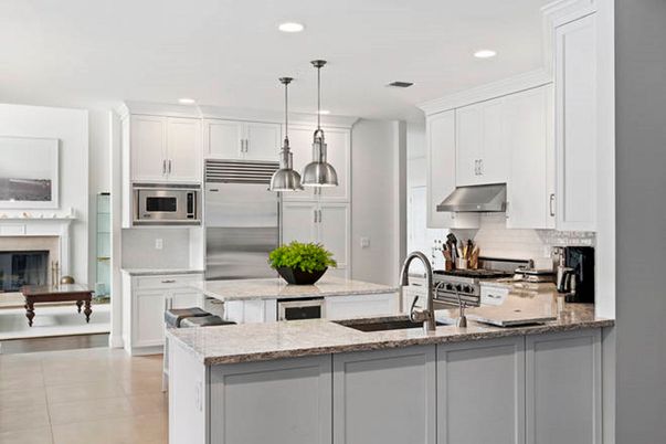 Fireplace, Interior, Kitchen, Pendant Lights, Recessed Lighting, Stainless Steel Appliances