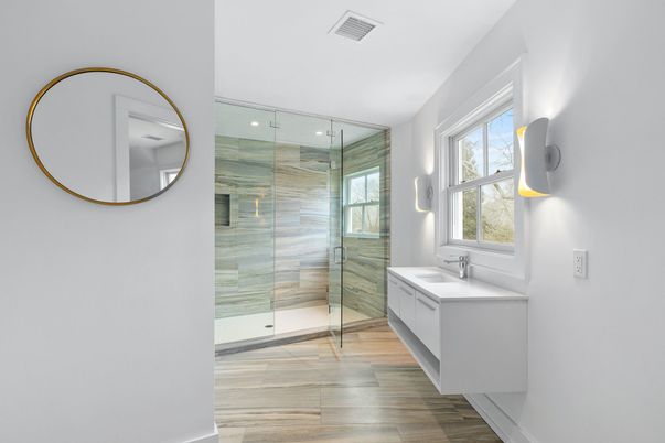 Bathroom, Glass Shower, Interior, Recessed Lighting, Wood Texture Flooring