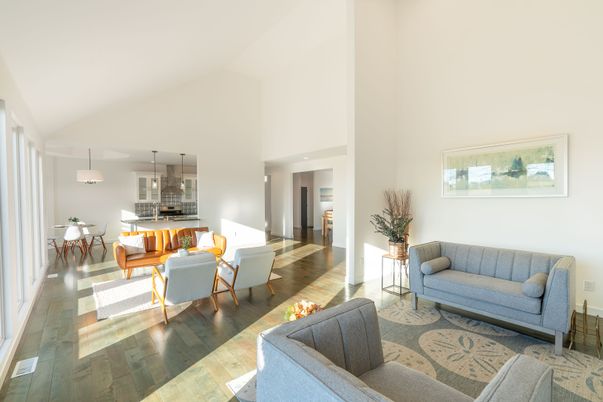 Dining room, Interior, Living room, Pendant Lights, Recessed Lighting, Wood Texture Flooring