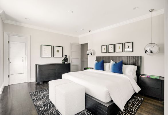 Bedroom, Interior, Pendant Lights, Recessed Lighting, Wood Texture Flooring