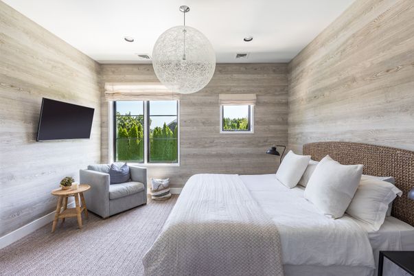 Bedroom, Interior, Pendant Lights, Wooden Walls