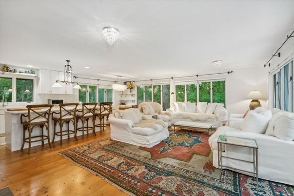 Chandelier, Dining room, Interior, Kitchen, Living room, Pendant Lights, Recessed Lighting, Wood Texture Flooring