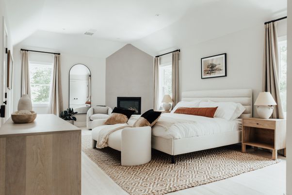 Bedroom, Fireplace, Interior, Recessed Lighting, Wood Texture Flooring