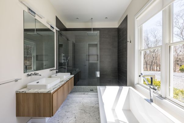 Bathroom, Dual Sink Vanities, Glass Shower, Interior, Marble, Recessed Lighting