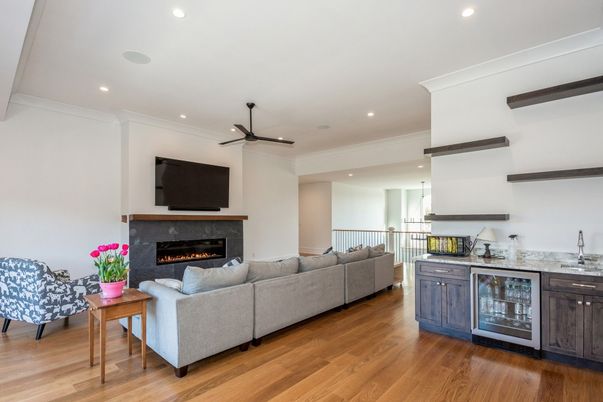 Fireplace, Interior, Living room, Recessed Lighting, Wood Texture Flooring