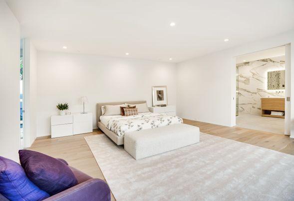 Bedroom, Interior, Marble Walls, Recessed Lighting, Wood Texture Flooring