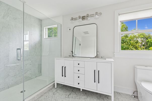 Bathroom, Dual Sink Vanities, Glass Shower, Interior, Marble
