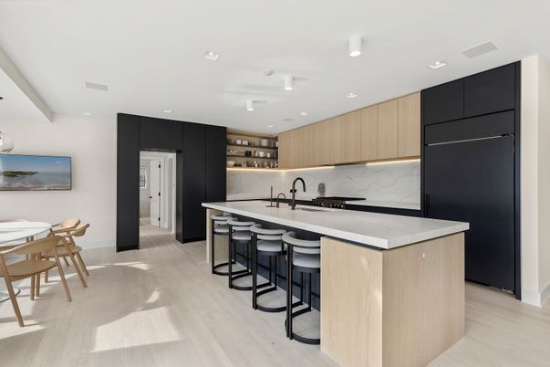 Interior, Kitchen, Marble Walls, Recessed Lighting, Wood Texture Flooring