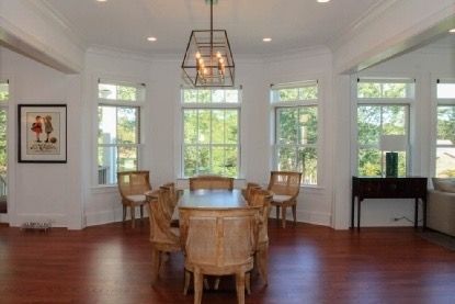 Dining room, Interior, Pendant Lights, Recessed Lighting, Wood Texture Flooring