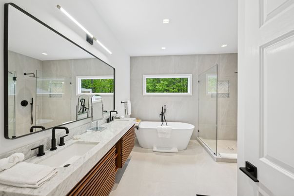 Bathroom, Dual Sink Vanities, Free Standing Baths, Glass Shower, Interior, Recessed Lighting