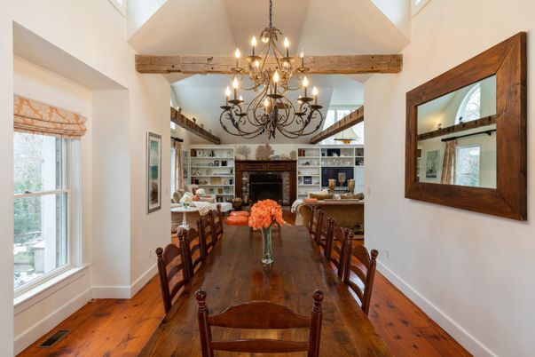 Chandelier, Dining room, Fireplace, Interior, Wooden Beams, Wood Texture Flooring