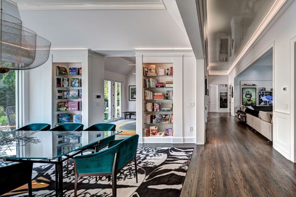 Dining room, Interior, Recessed Lighting, Wood Texture Flooring