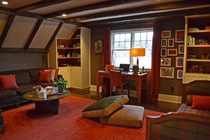 Home Office, Interior, Recessed Lighting, Wooden Beams, Wood Texture Flooring