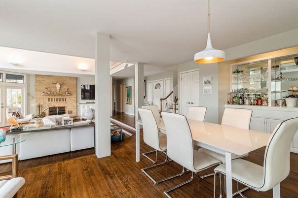 Dining room, Fireplace, Interior, Living room, Pendant Lights, Stone Walls, Wood Texture Flooring